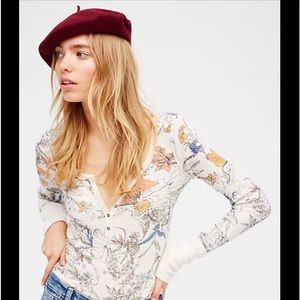Free People Floral Long Sleeve Tee - Cream and Multicolor